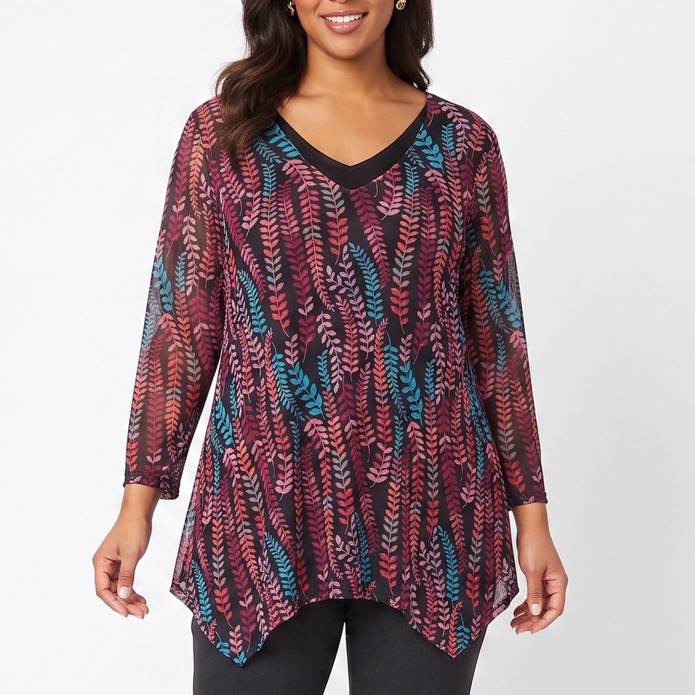 Hearts of Palm Top Woman 1X Animal Attraction IK Black Multi Mesh Leaf Print NWT